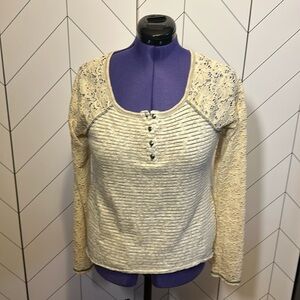 Socialite Gray Cream Striped Texture Lace Long Sleeves Top Shirt Womens large